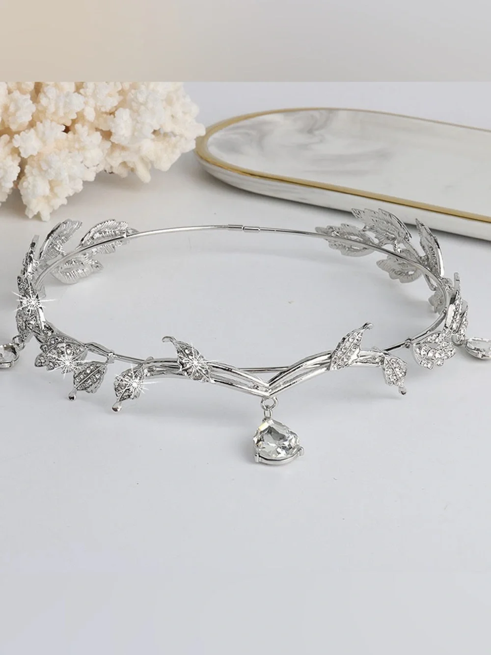 Crystal Drop Silver Leaf Headband